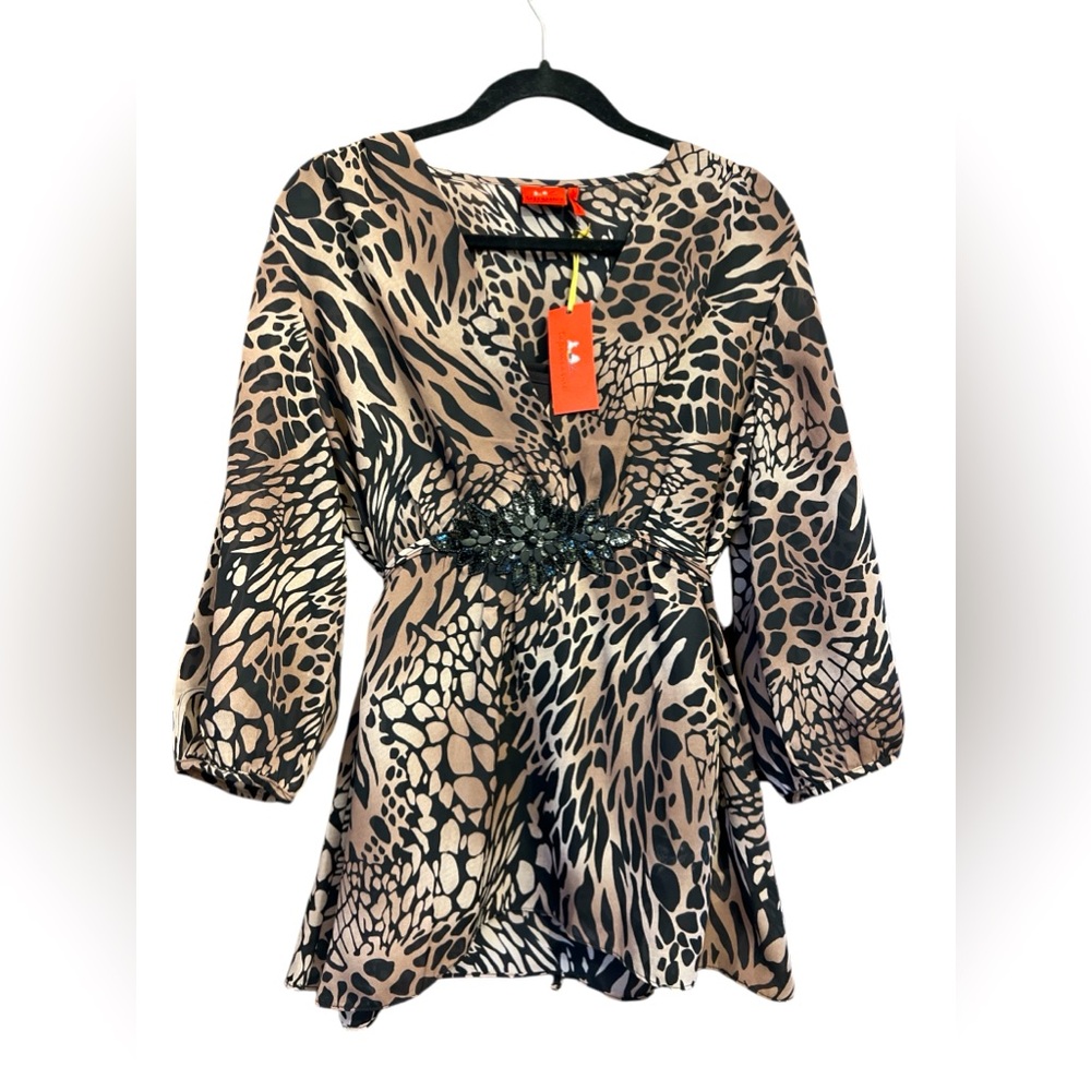 Tapemeasure Women’s Blouse Top Combo Size L Cheetah Beads Drawstring Long Sleeve